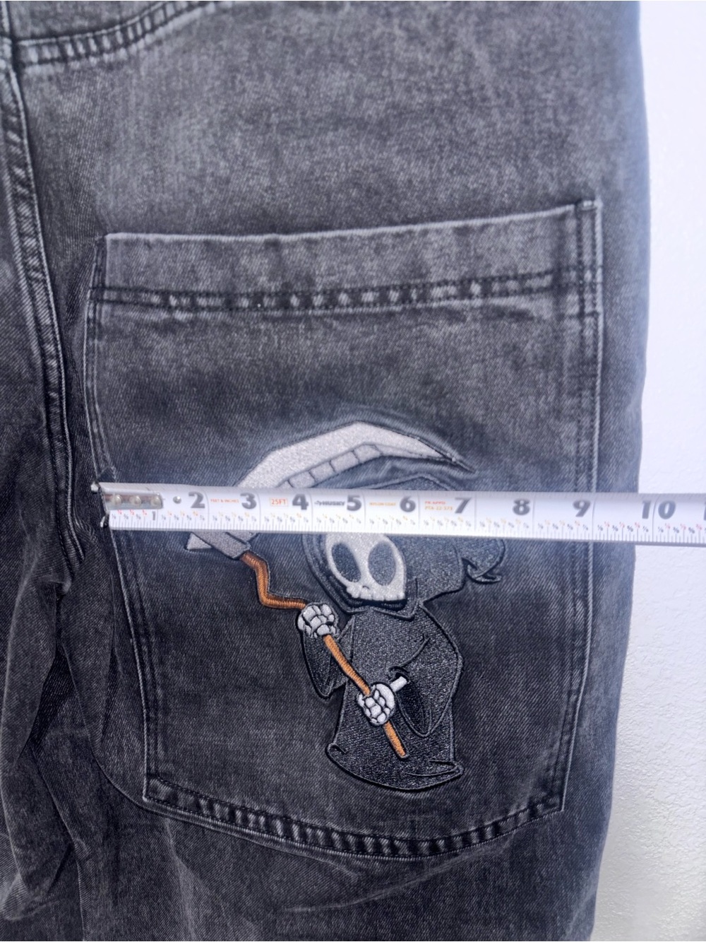 Black Washed Gloe Wide Leg Denim Jeans with White Embroidered Details - Picture 3 of 5